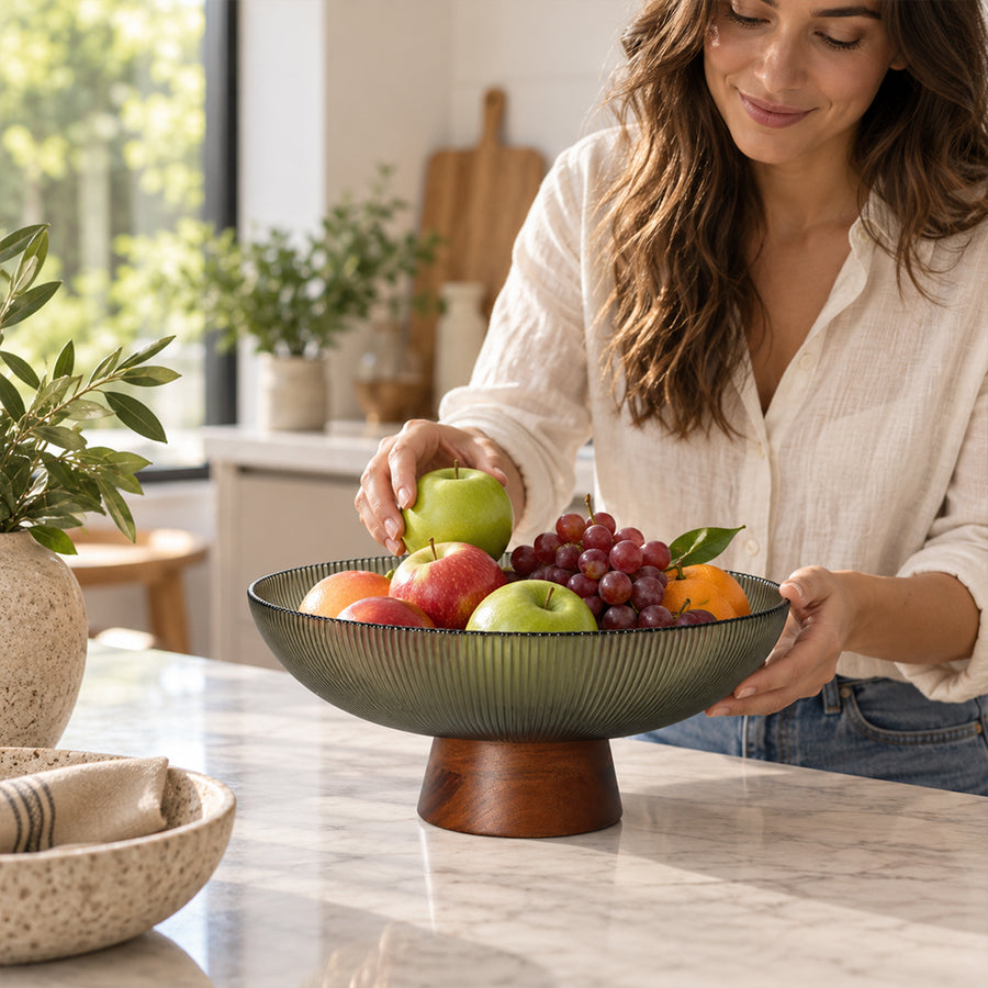 Glass Fruit Bowl with Wooden Pedestal - 25.5cm