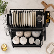 Large 2-Tier Dish Drying Rack with Drain Board & Utensil Holder - Black