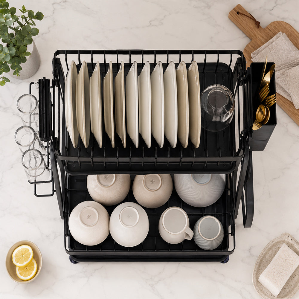 Large 2-Tier Dish Drying Rack with Drain Board & Utensil Holder - Black