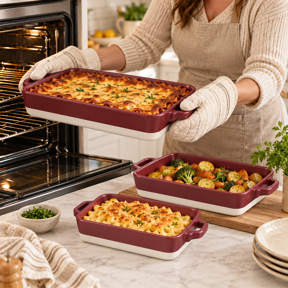 3-Piece Rectangular Ceramic Casserole Bakeware Set