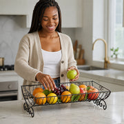 Decorative Rectangular Metal Fruit Basket with Scroll Feet - Black