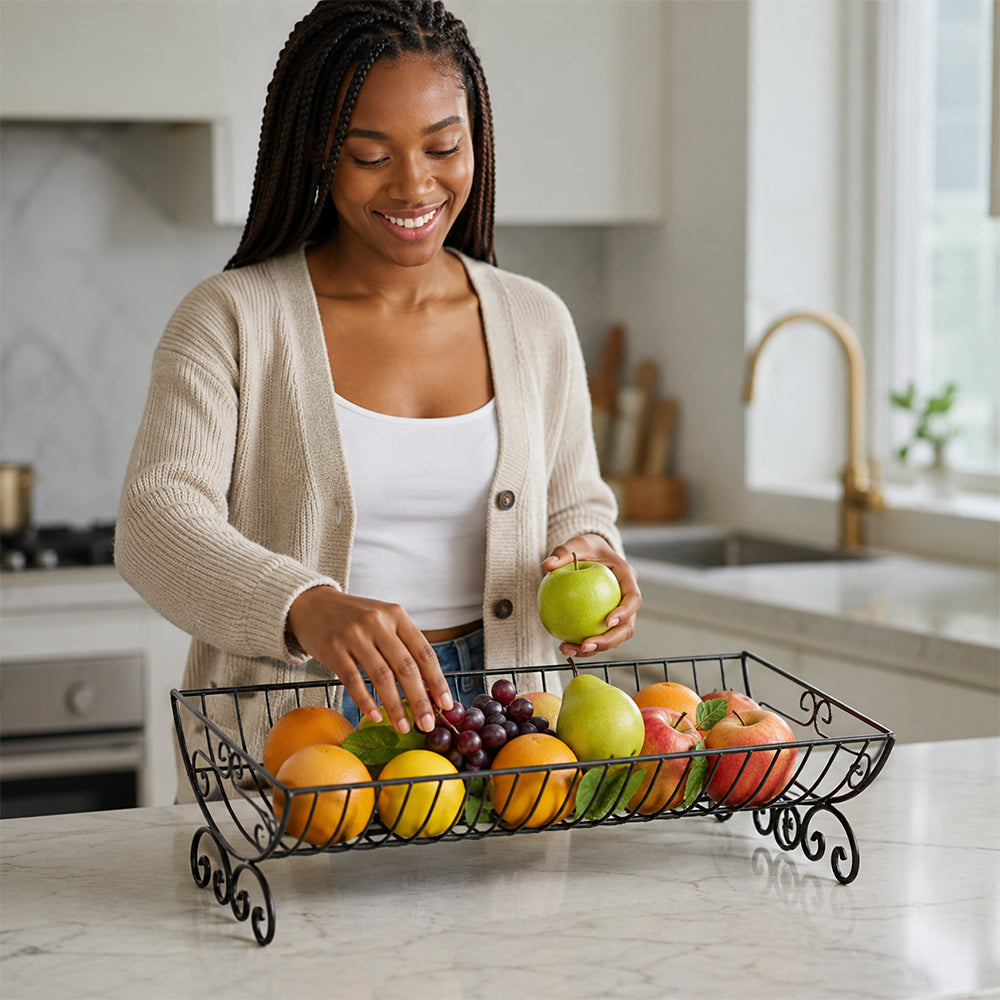 Decorative Rectangular Metal Fruit Basket with Scroll Feet - Black
