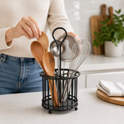 Black Steel Kitchen Utensil Holder with Drain Base for Cooking Tools