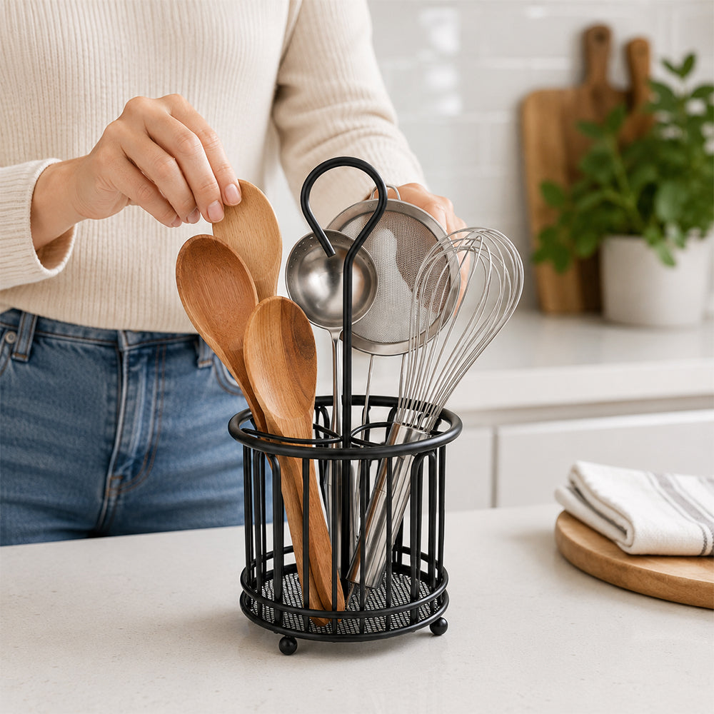 Black Steel Kitchen Utensil Holder with Drain Base for Cooking Tools