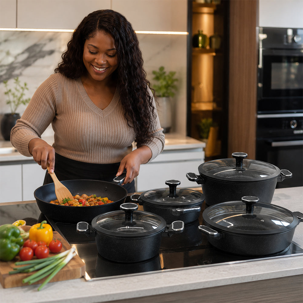 10 Pieces Premium Speckled Non-Stick Cookware Set with Glass Lids - Black