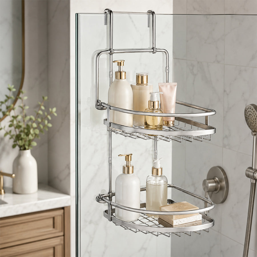 2-Tier Hanging Steel Bathroom Organizer Shower Caddy - Silver
