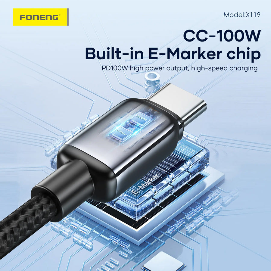 FONENG X119 1m Zinc Alloy Braided Fast Charging Cable 100W / 60W / PD27W