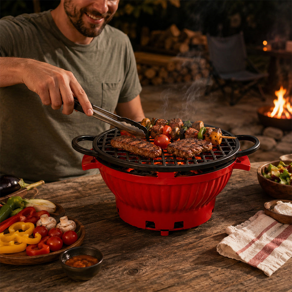 26cm Cast Iron Enamel Charcoal Grill Furnace with Grate - Red
