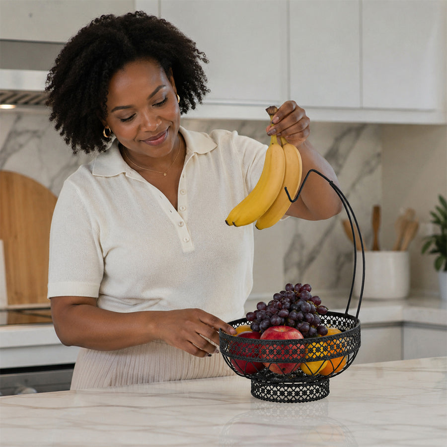 Decorative Countertop Fruit Basket with Banana Hanger - Black