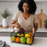 Rectangular Metal Fruit Basket with Wooden Handles - Black