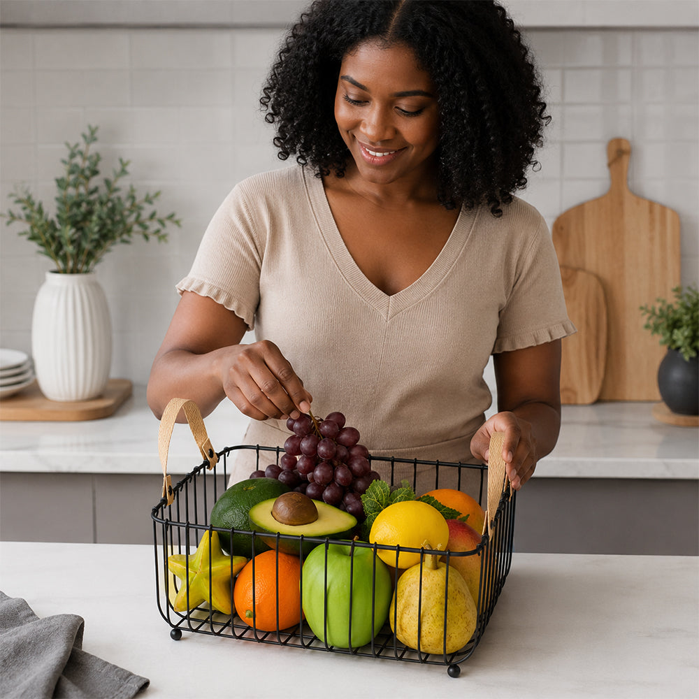 Rectangular Metal Fruit Basket with Wooden Handles - Black