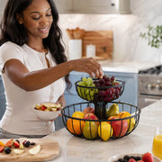 2-Tier Round Fruit Basket Stand – Black Metal Countertop Fruit Bowl