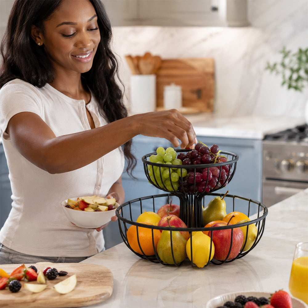 2-Tier Round Fruit Basket Stand – Black Metal Countertop Fruit Bowl