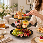 3-Tier Opal Glass Dessert Serving Stand with Gold Rim - Black, 10 Inch