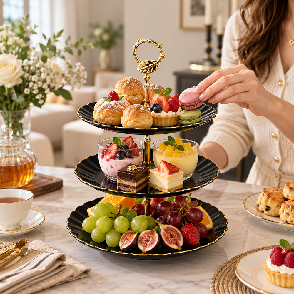 3-Tier Opal Glass Dessert Serving Stand with Gold Rim - Black, 10 Inch