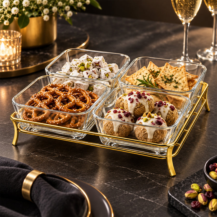 5-Piece Glass Serving Bowl Set with Metal Stand - 280ml