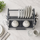 Aluminium 2-Tier Dish Drying Rack with Cutlery & Cup Holders - Silver & Grey