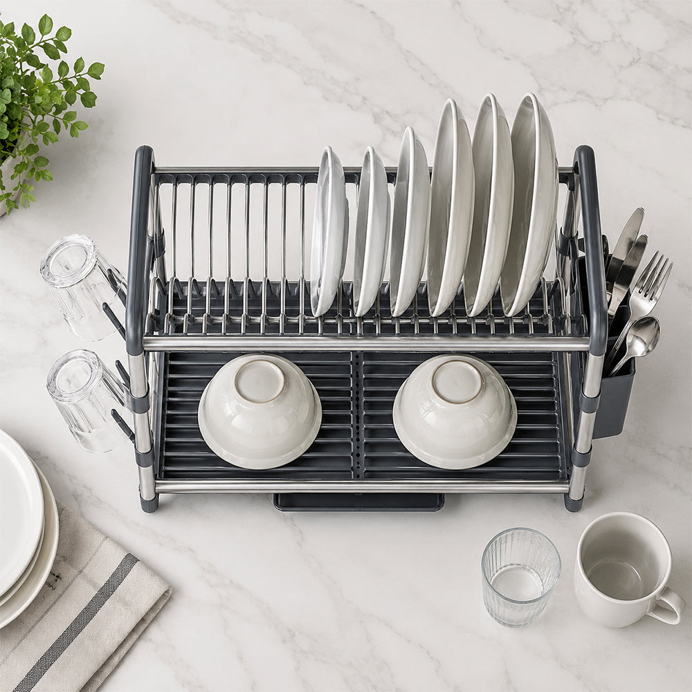 Aluminium 2-Tier Dish Drying Rack with Cutlery & Cup Holders - Silver & Grey