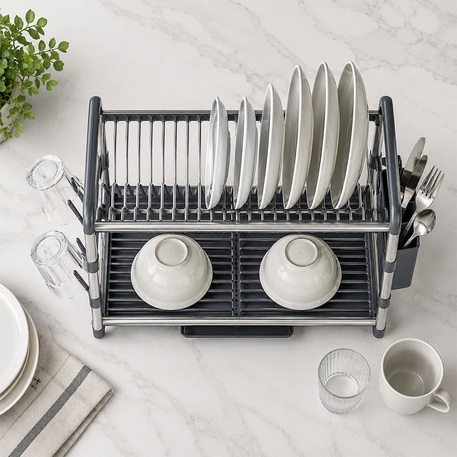 Aluminium 2-Tier Dish Drying Rack with Cutlery & Cup Holders - Silver & Grey