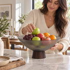 Ribbed Glass Fruit Bowl with Wooden Pedestal - 26cm