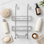 2-Tier Aluminium Hanging Shower Shelf with Soap Tray & Hooks - Silver