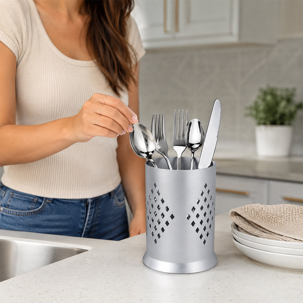 Aluminium Cutlery Holder with Drain Holes for Spoons, Forks & Knives