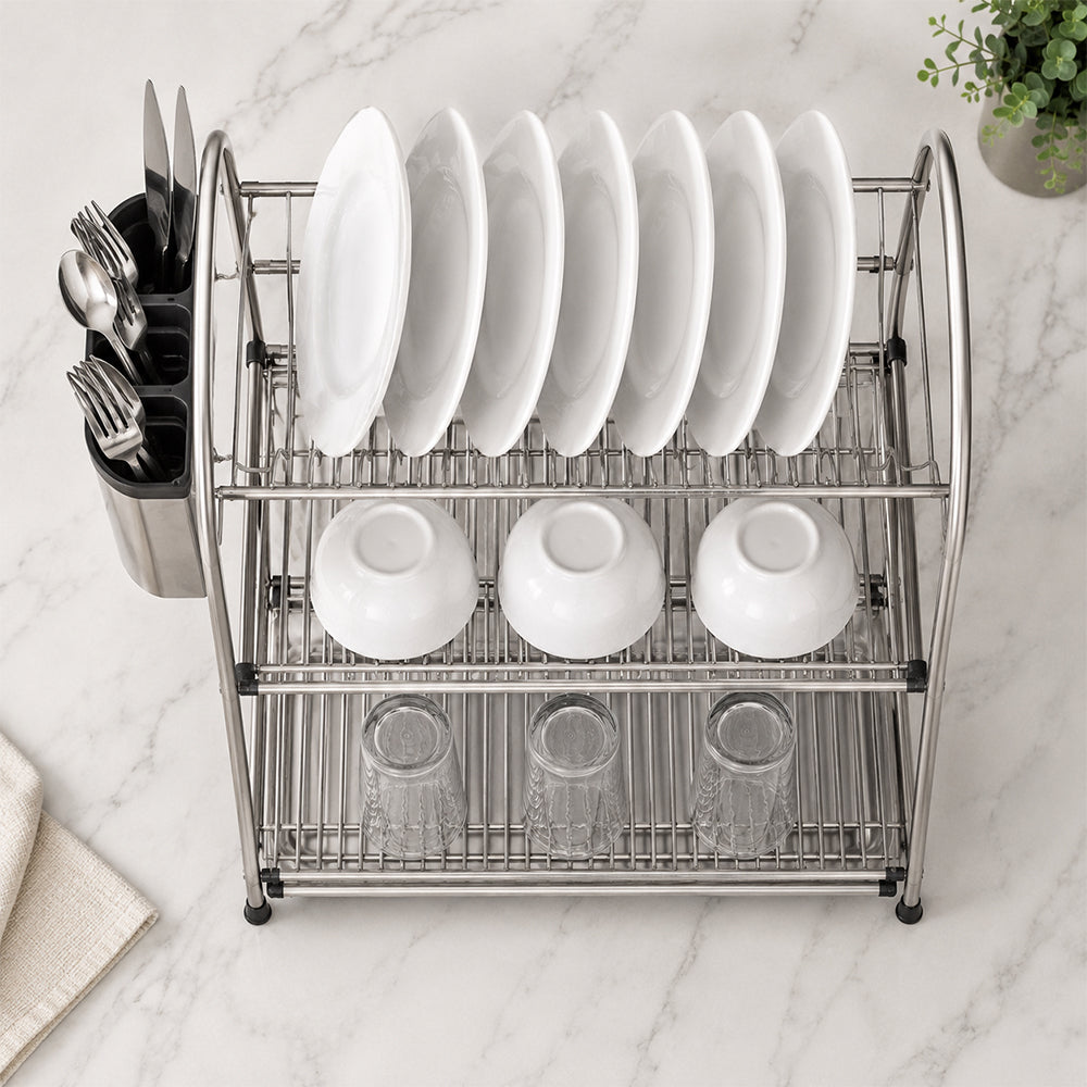 3-Tier Stainless Steel Dish Drying Rack Kitchen Storage Stand - Silver