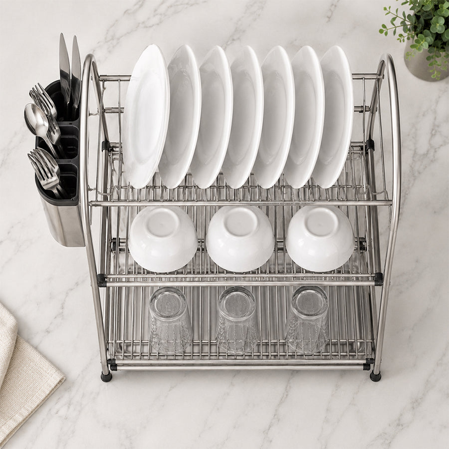 3-Tier Stainless Steel Dish Drying Rack Kitchen Storage Stand - Silver