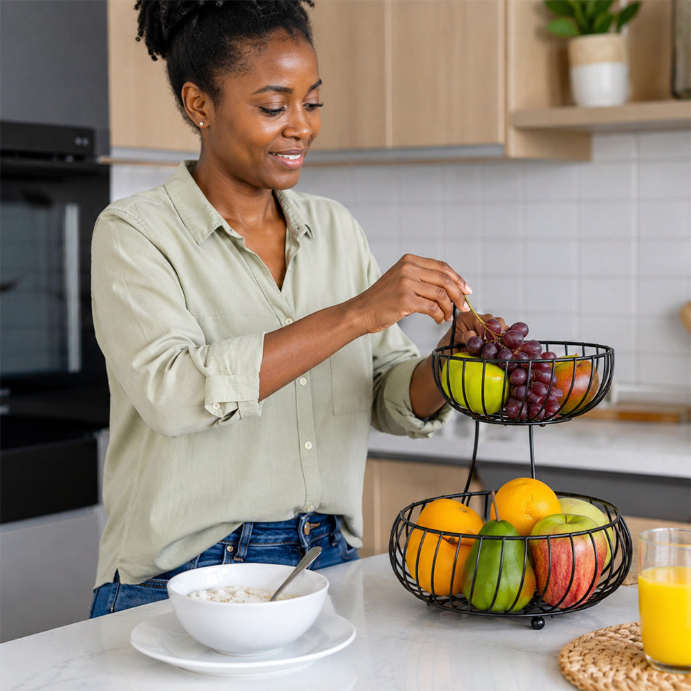 2-Tier Round Fruit Basket Stand for Kitchen Countertop - Black