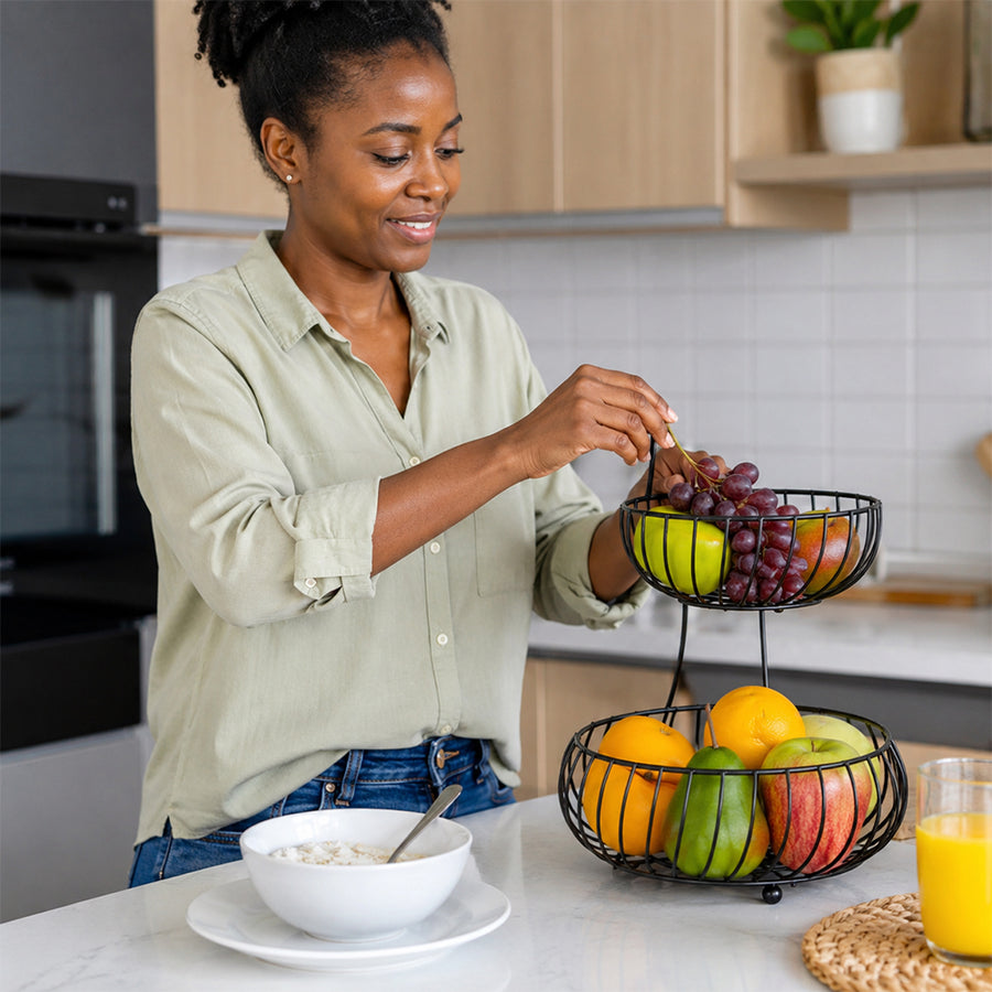 2-Tier Round Fruit Basket Stand for Kitchen Countertop - Black