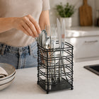 Steel Cutlery Holder with Drain Base for Spoons, Forks & Knives - Black