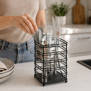 Steel Cutlery Holder with Drain Base for Spoons, Forks & Knives - Black