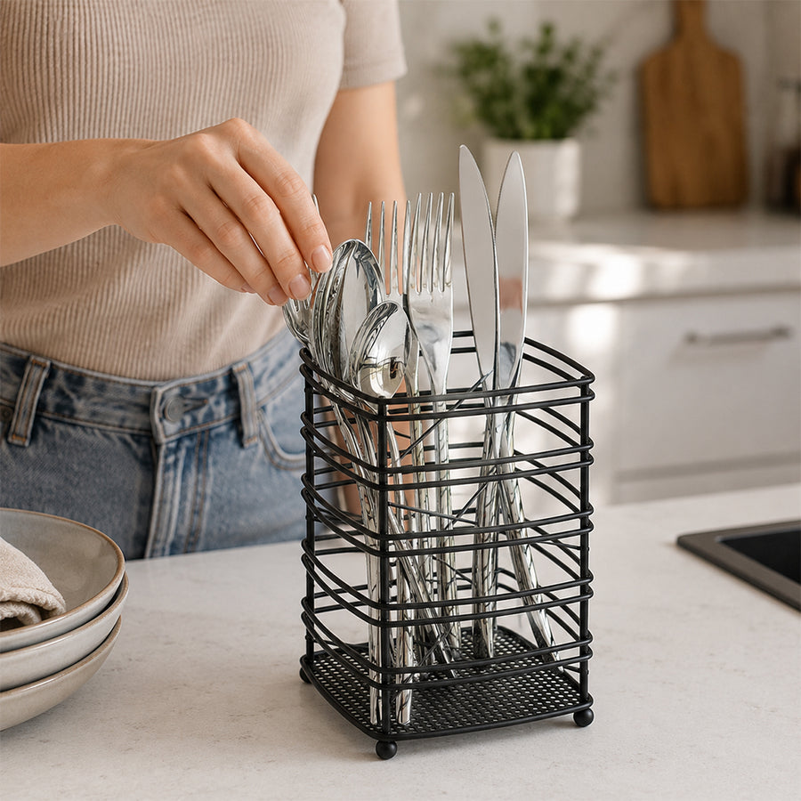 Steel Cutlery Holder with Drain Base for Spoons, Forks & Knives - Black