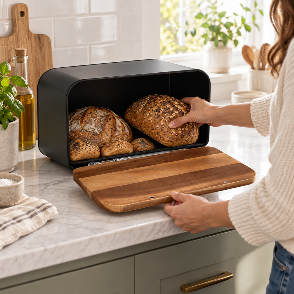 Stainless Steel Bread Bin with Wooden Lid 35.4cm