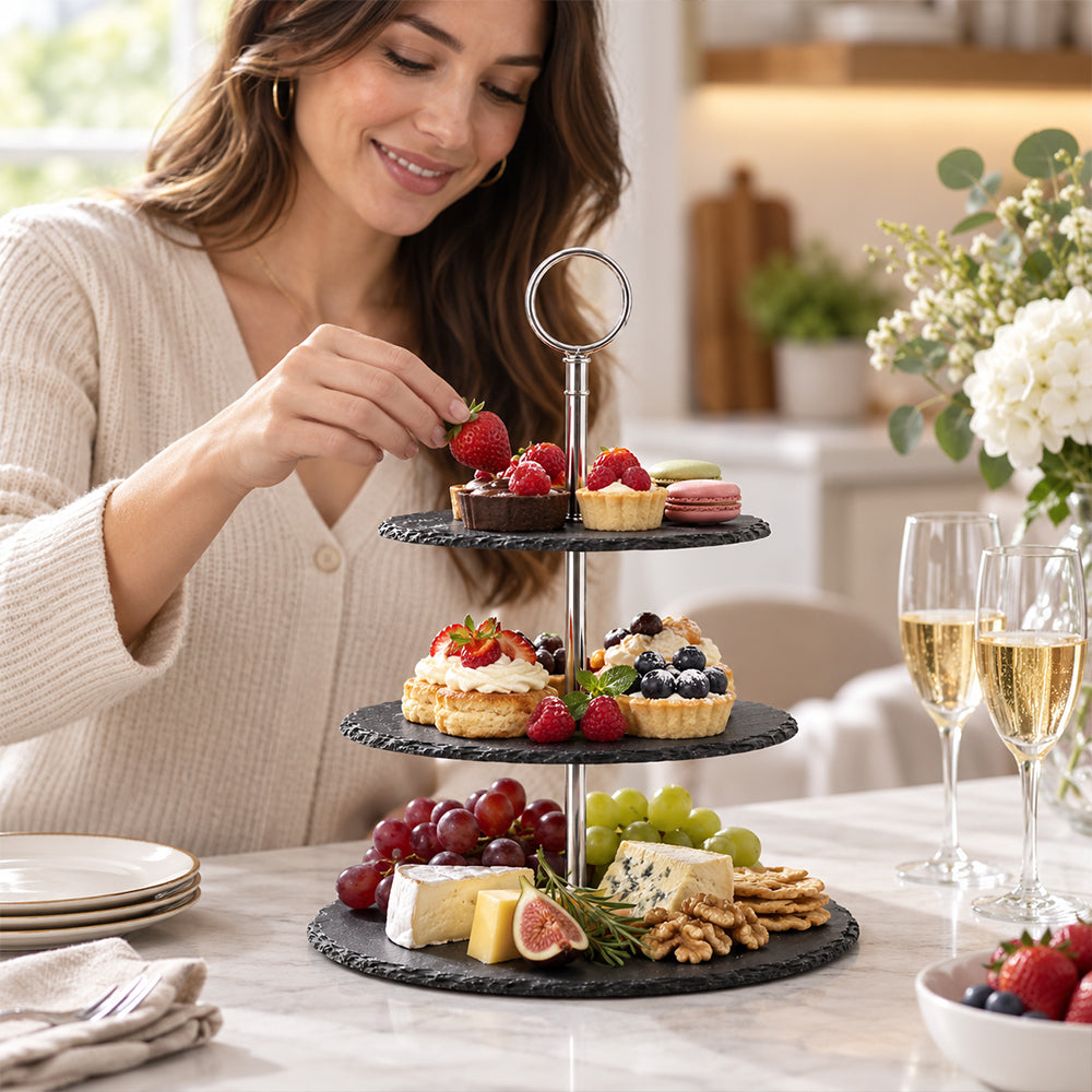 3-Tier Black Stoneware Cake & Dessert Stand - 30cm