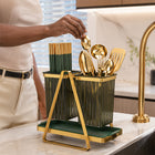 Double Cutlery and Utensil Holder with Drip Tray - Gold & Green