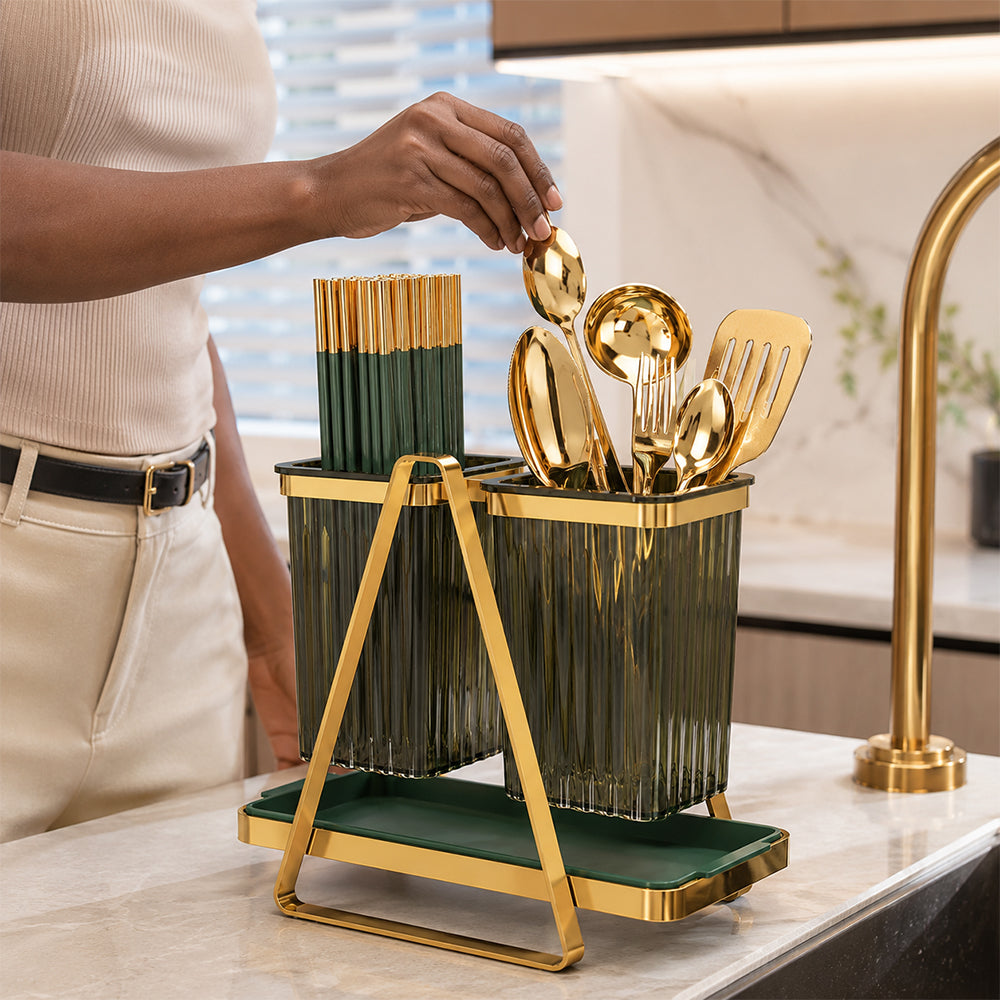 Double Cutlery and Utensil Holder with Drip Tray - Gold & Green