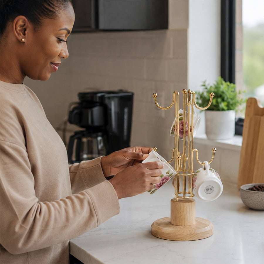 Gold Mug Holder Tree Stand with Wooden Base for Coffee Cups