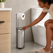 Freestanding Toilet Paper Holder with Storage Basket - Black