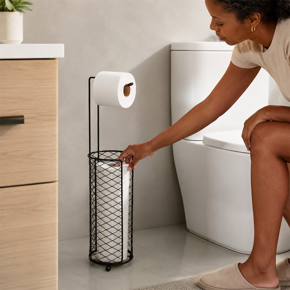 Freestanding Toilet Paper Holder with Storage Basket - Black