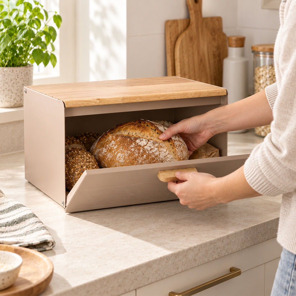 Stainless Steel Bread Bin with Wooden Lid 35.6cm