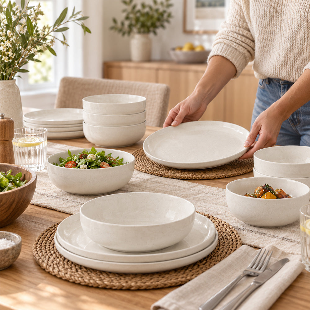 16-Piece Ivory Speckled Porcelain Dinnerware
