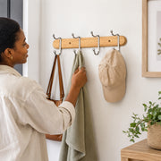 Wood & Chrome 4-Hook Wall Coat Rack for Keys, Bags & Towels