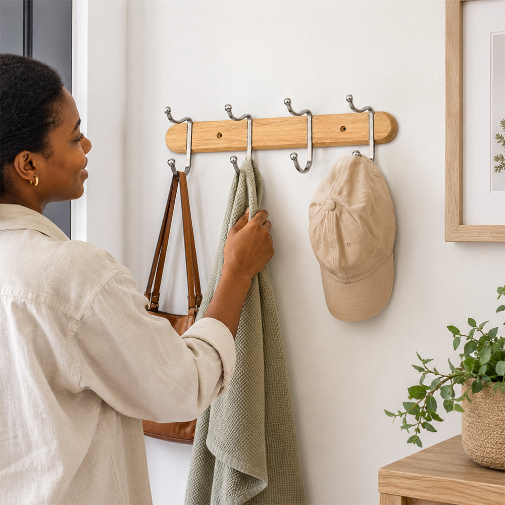 Wood & Chrome 4-Hook Wall Coat Rack for Keys, Bags & Towels