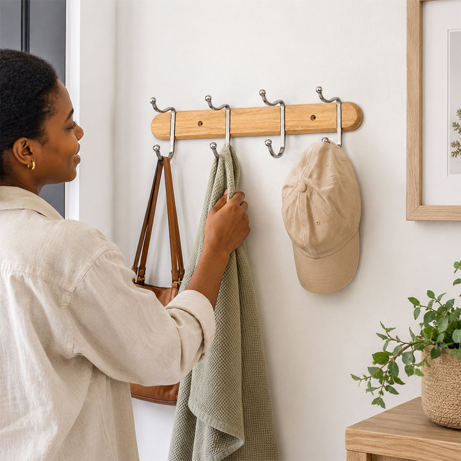 Wood & Chrome 4-Hook Wall Coat Rack for Keys, Bags & Towels