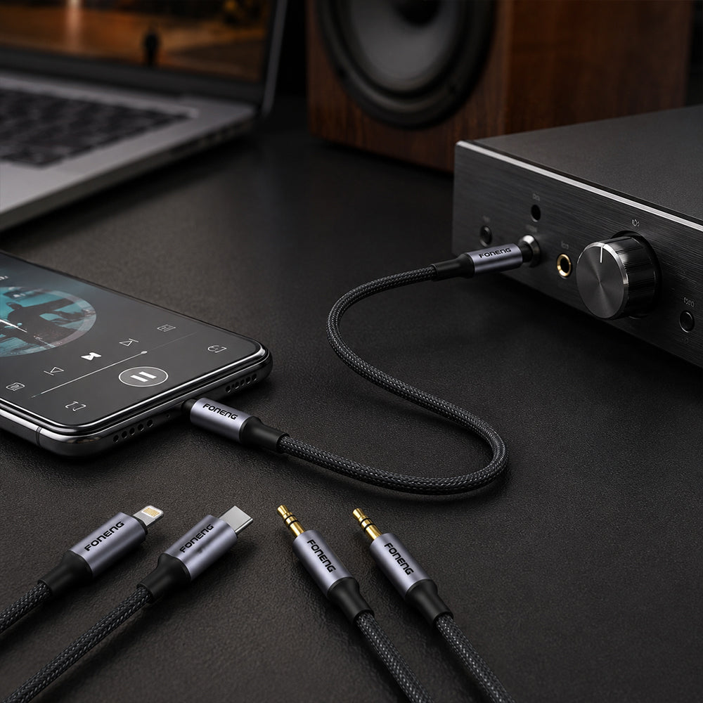 FONENG Metal AUX Audio Cable – 3.5mm / Type-C / Lightning