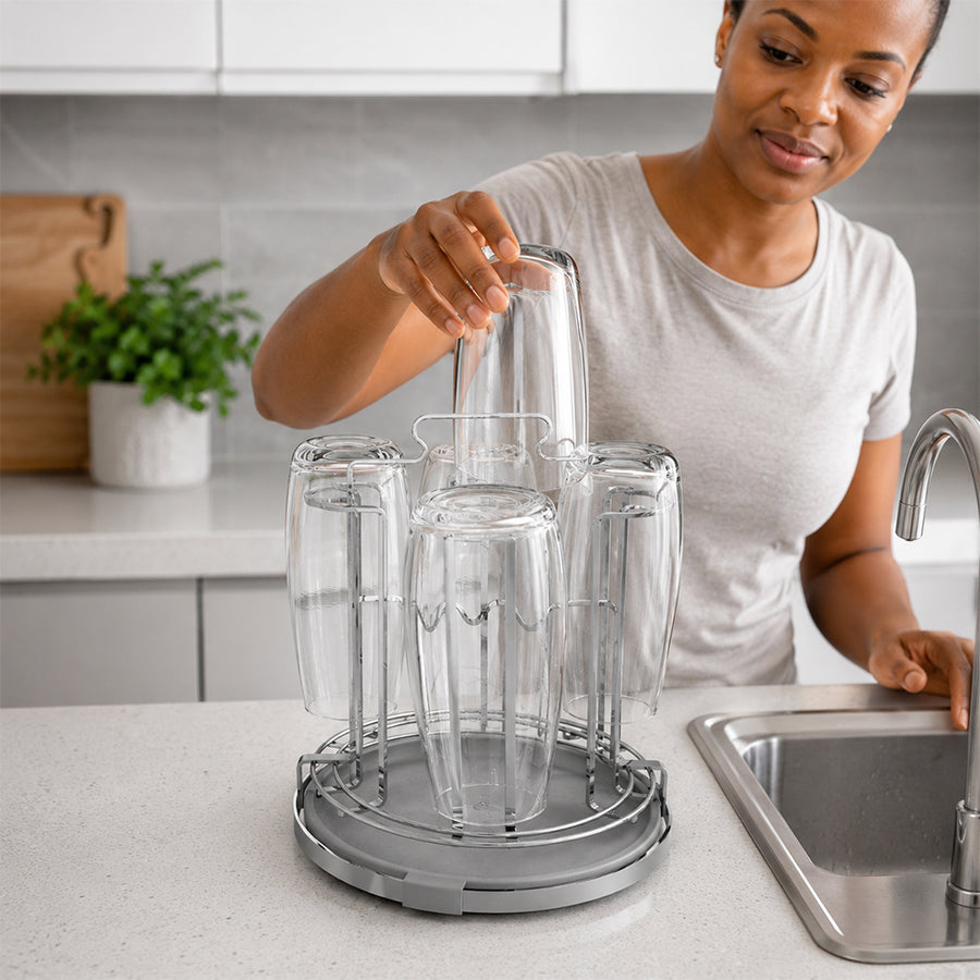 Round Stainless Steel Cup Drying Rack with Drip Tray for Glasses & Mugs