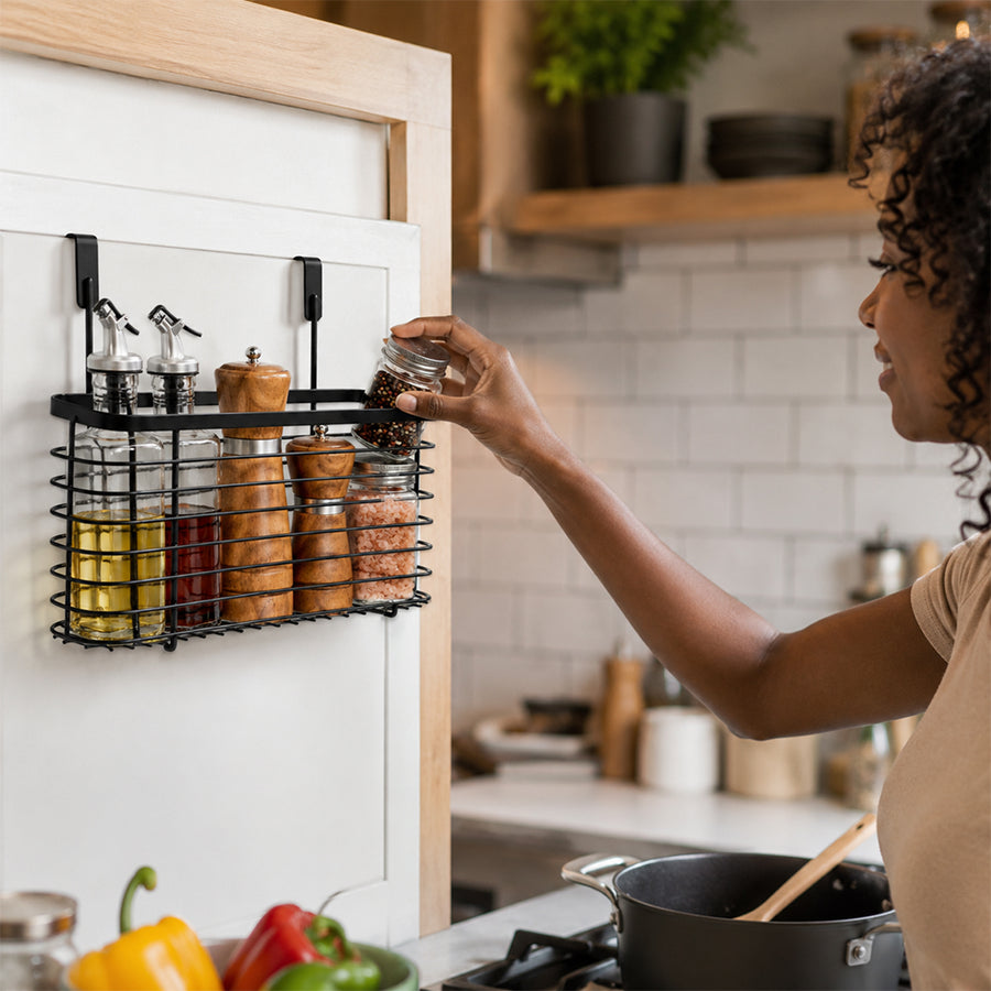 Black Over-Cabinet Hanging Basket for Spices, Oils & Kitchen Storage