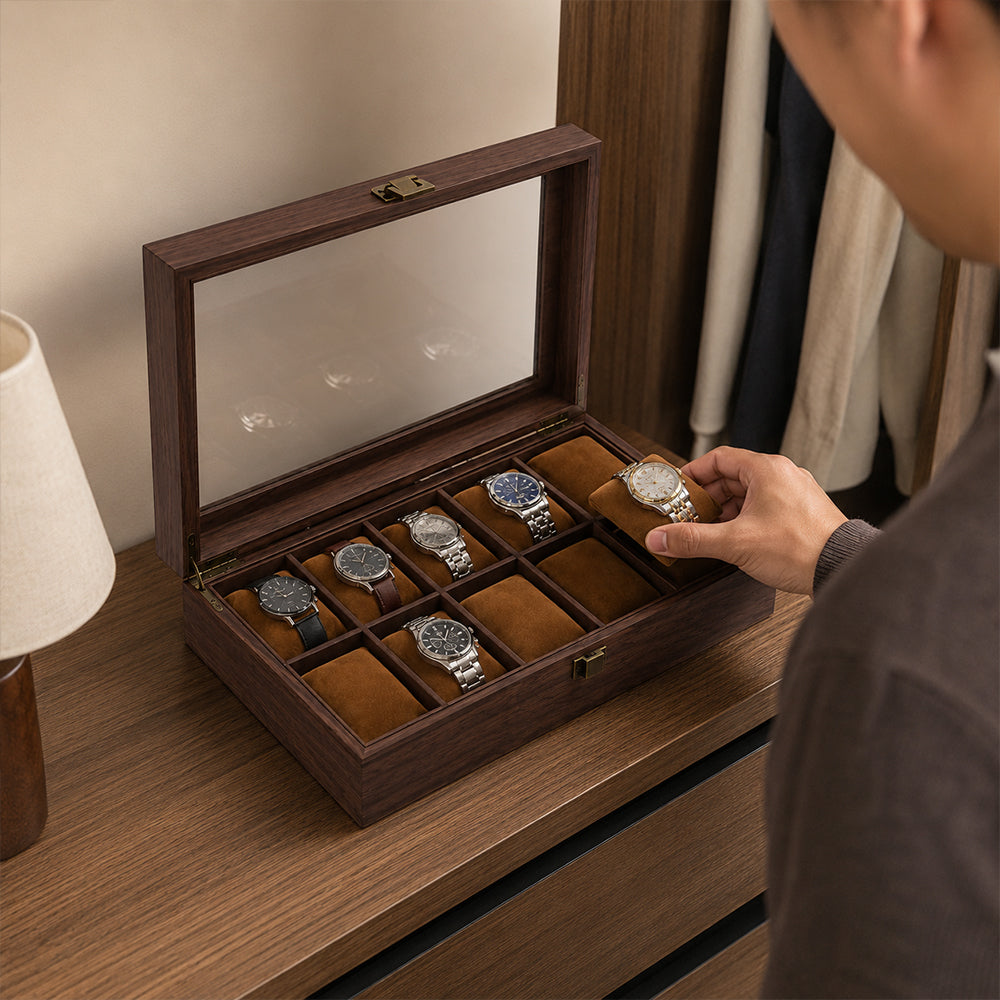 10-Slot Wooden Watch Storage Box with Glass Display Lid