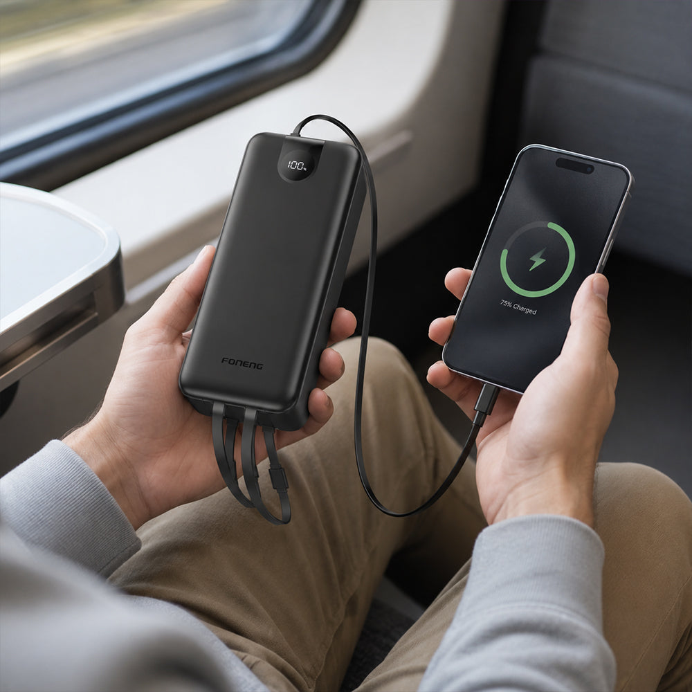 FONENG 30000mAh 22.5W Fast Charging Power Bank with 3 Built-In Cables